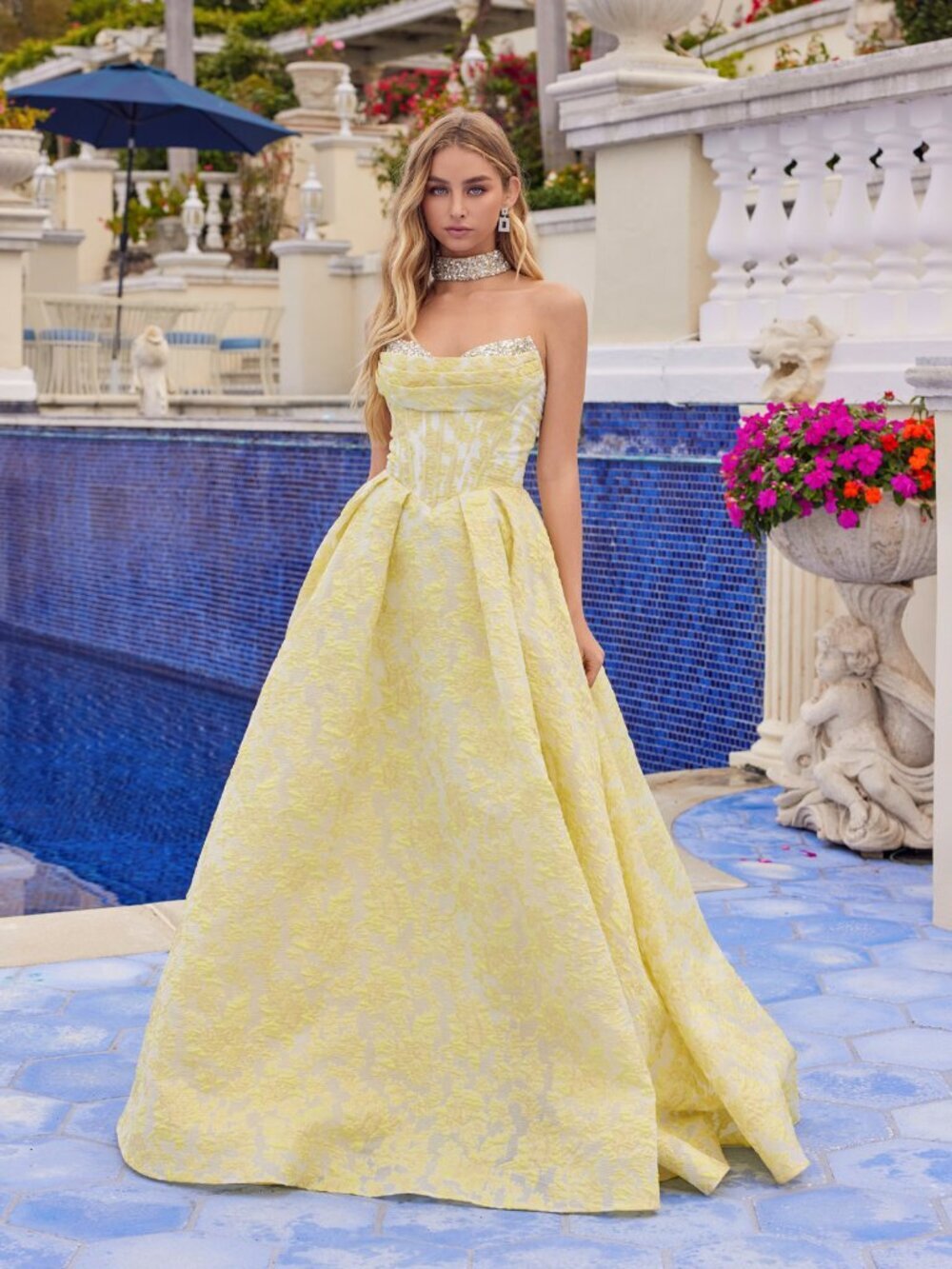 New Strapless Yellow Floral Dress W/ Sweetheart Neck & Lace Up Back Jt2693a